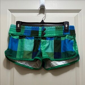 Billabong Women's Plaid Athletic Shorts - Green and Blue in Small